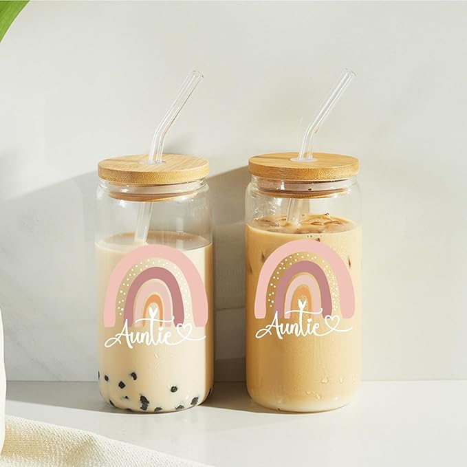Auntie Glass Cups with Lids and Straws, 16 Oz Glasses Set, Perfect for Mothers Day, Birthday, Christmas Gifts for Mom