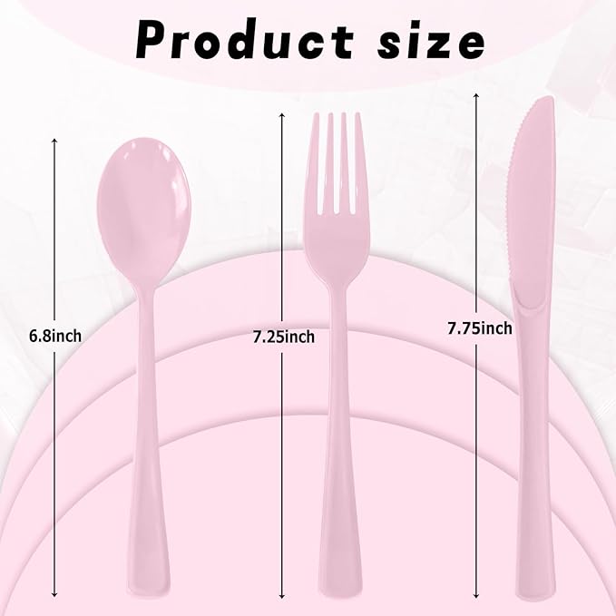 300 Pack Disposable Plastic Silverware, Heavy Duty Pink Plastic Cutlery Set Includes 100 Forks 100 Knives 100 Spoons for Birthday Wedding Party Picnics (300, Pink)