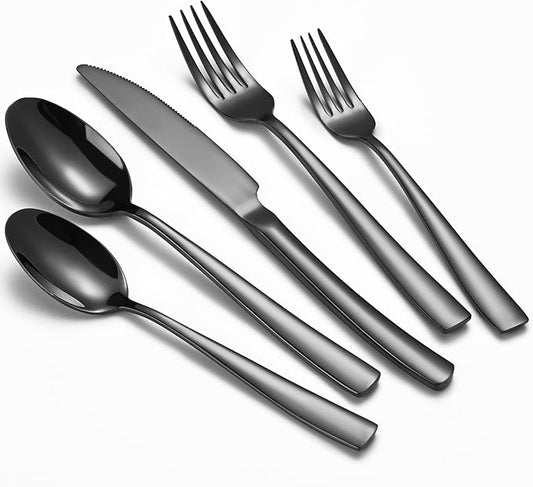 20-Piece Black Silverware Set, Heavy Duty Stainless Steel Flatware Cutlery Set Service for 4, Food-Grade Utensil Sets for Home Restaurant, Dishwasher Safe