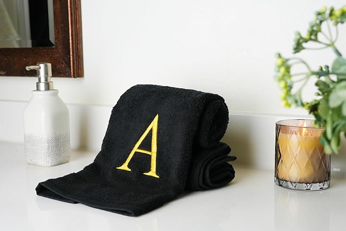 Black Monogrammed Hand Towels for Bathroom- Black and Gold Luxury Hotel Quality Personalized Initial Decorative Embroidered for Powder Room, Spa-GOTS Organic Certified - Pack of 2, Letter A