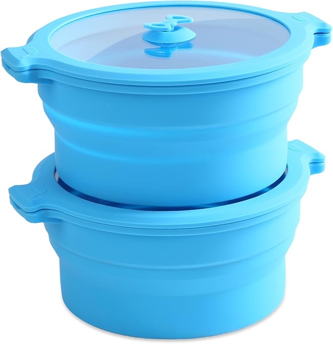 Collapsible Silicone Microwave Cookware Cooker Steamer for Cooking with Lids, 1.4L Glass Food Storage Container Sealed Bowl Mixing Bowls 2pc Set BPA Free