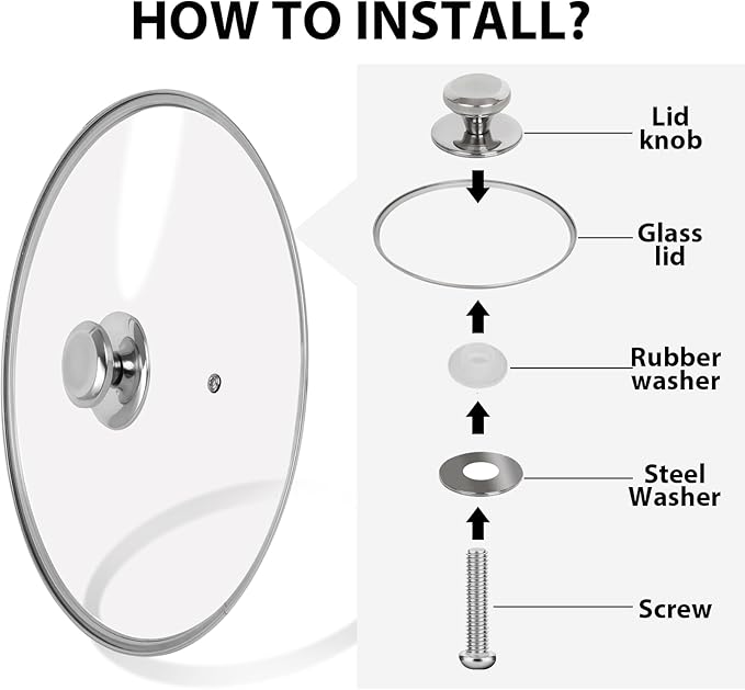 11 inch Tempered Glass Lid for Pots, Frying Pans and Skillets, Replacement Cover with Stainless Steel Knob Handle, Dishwasher Safe