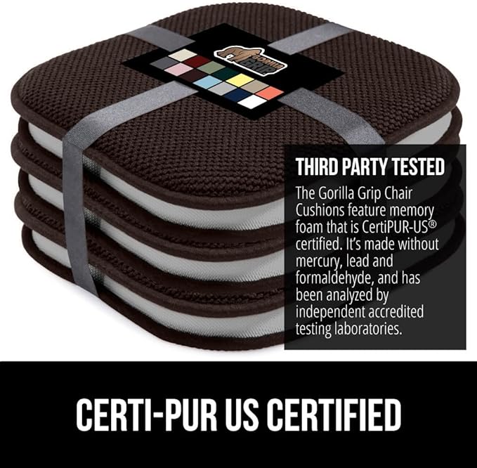 GORILLA GRIP Slip Resistant Chair Cushions, No Ties Required, Set of 6 Memory Foam Pads for Dining Room, Kitchen Table, Office, Rocking Chairs, Plush Seat Cover Cushion Pad, Home Decor, 16x16, Brown