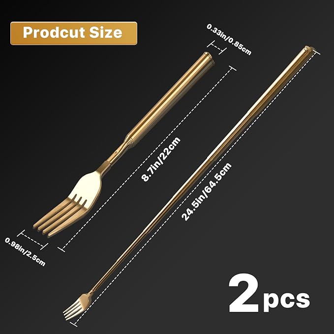 2 PCS Extendable Fork, Expandable Fork for Prank/Jokes, Extended Extending Extend Extender Extension from 8.7" to 25.4" Extra Long, Stainless Steel Telescopic/Telescoping/Retractable Forks. Gold