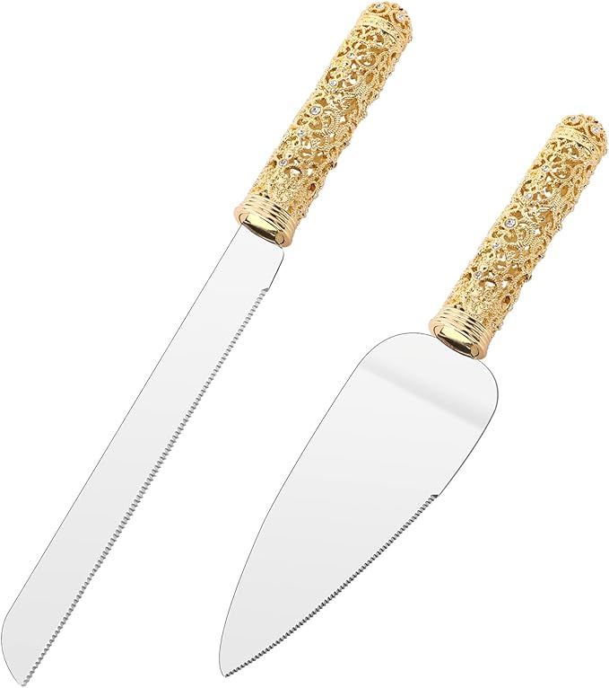 Gold Cake Knife and Server Set - 2 Piece Dessert Set Metal Handle with Crystal Stones Decoration for Wedding, Anniversary Party Birthday Banquets and Gifts for Bride and Groom