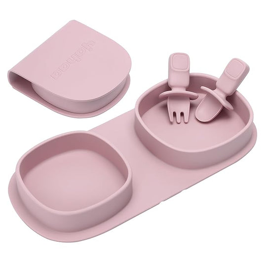 Silicone Foldable Novelty Dinner Plates,Baby Plates Travel Essential with Forks and Spoons,Microwave & Dishwasher Safe,Matte Pink