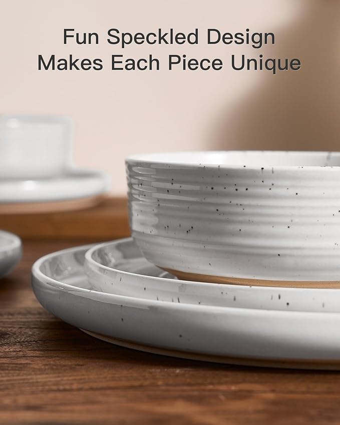 Stoneware Dinnerware Dishes Set for 8, 24 Pieces Plates and Bowls Sets, Spiral Flared Tableware with Speckles & Reactive Glaze - Microwave and Dishwasher Safe, White