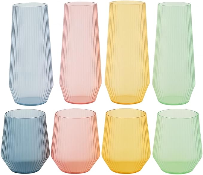 48 Pack Ribbed Origami Ripple Plastic Glasses 24 9oz Stemless Champagne Flutes & 24 12oz Cups BPA-Free, Disposable, Shatterproof Drinkware for Weddings, Bars, Events (Color Collection Ribbed)