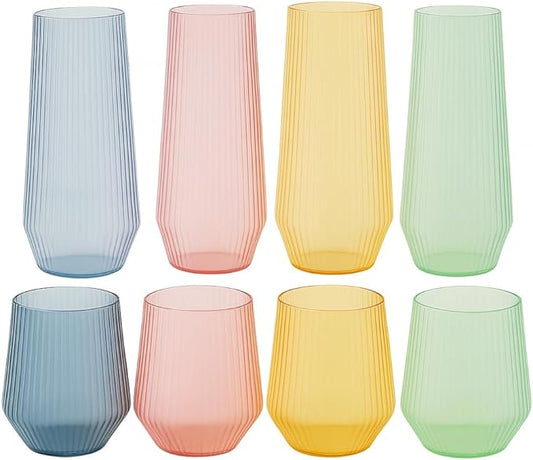 48 Pack Ribbed Origami Ripple Plastic Glasses 24 9oz Stemless Champagne Flutes & 24 12oz Cups BPA-Free, Disposable, Shatterproof Drinkware for Weddings, Bars, Events (Color Collection Ribbed)