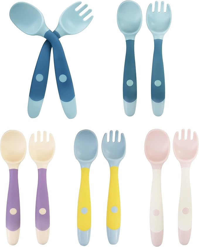 10 Pcs Toddler Utensils, Spoons and Forks Set with Bendable Handle, 5 Forks and 5 Spoons, Baby Feeding Set for Self Feeding