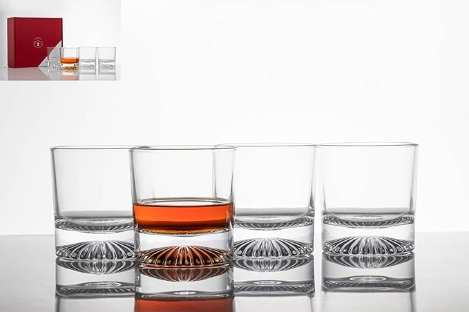 10oz Old Fashioned Whiskey Glasses Set | Lead-Free Crystal, Heavy Base, Rock Glass with Sunflower-Textured Base, 4-Piece Set for Scotch & Cocktails