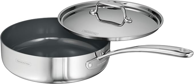 Tramontina Utsava Tri-Ply Clad Stainless Steel 2.9-Quart Saute Pan with Lid and Ceramic Non Stick Interior, Induction-Ready Cooking Pan