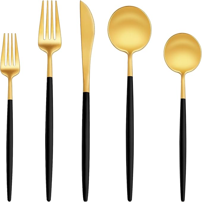 EUIRIO 30-Piece Silverware Set for 6, Stainless Steel Flatware Set Matte Black Gold, Modern Brushed Thick Cutlery Set with Spoons Forks and Knives, Utensil Set for Home Kitchen Hotel, Dishwasher Safe