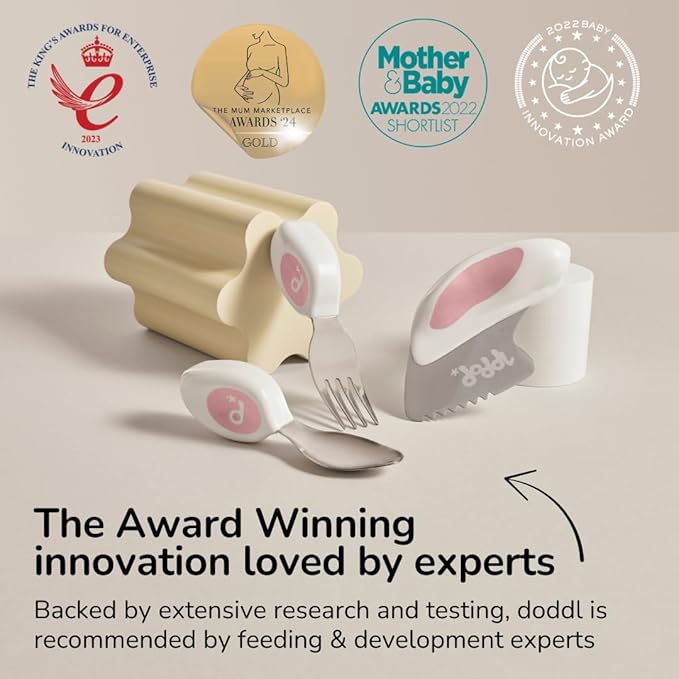 doddl Toddler Utensils, Ergonomic Fork Spoon and Knife Set for Self Feeding, Stainless Steel Silverware for 1-3 Year Olds, BPA Free, Dishwasher Safe (Dusky Rose)