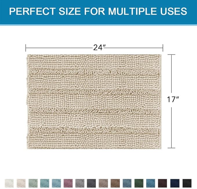 H.VERSAILTEX Bath Mats for Bathroom Non Slip Thick Chenille Striped Bath Rug Absorbent Fluffy Soft Shaggy Rugs Washable Dry Fast Plush Mats for Indoor, Bath Room, Tub - 17" x 24", Fog