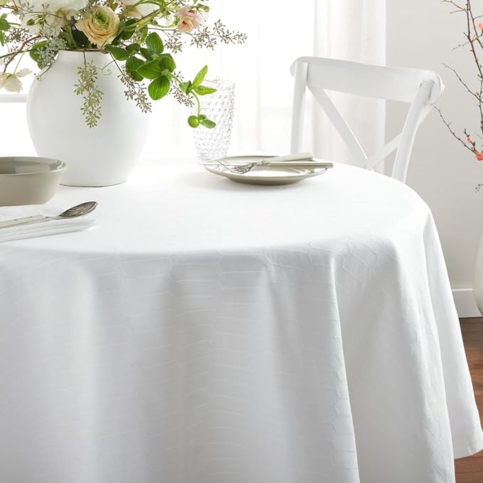 Martha Stewart Honeycomb Modern Farmhouse Tablecloth, White, 70" Round