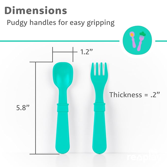 Re-Play Toddler Forks and Spoons Set - 4x4 Utensils Set for Kids - Dishwasher and Microwave Safe - Made in USA - Pack of 8-5.8" x 1.2" x 0.2" - Modern Mint