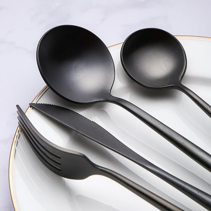 24 Pieces Matte Black Silverware Set with Steak Knife, Stainless Steel Flatware Set for 4, Satin Finish Spoons and Forks Silverware Set, Black Cutlery Utensils Set, Dishwasher Safe