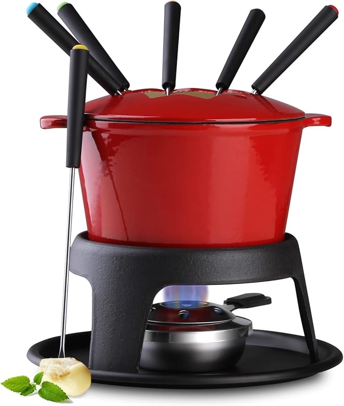 Artestia Cast Iron Cheese Fondue Pot for Chocolate Fondue Pot Swiss Fondue Set for Camping Outdoor with 6 Fondues Forks, 11-Piece Cheese Fondue Sets Serve 6 Persons (Red)