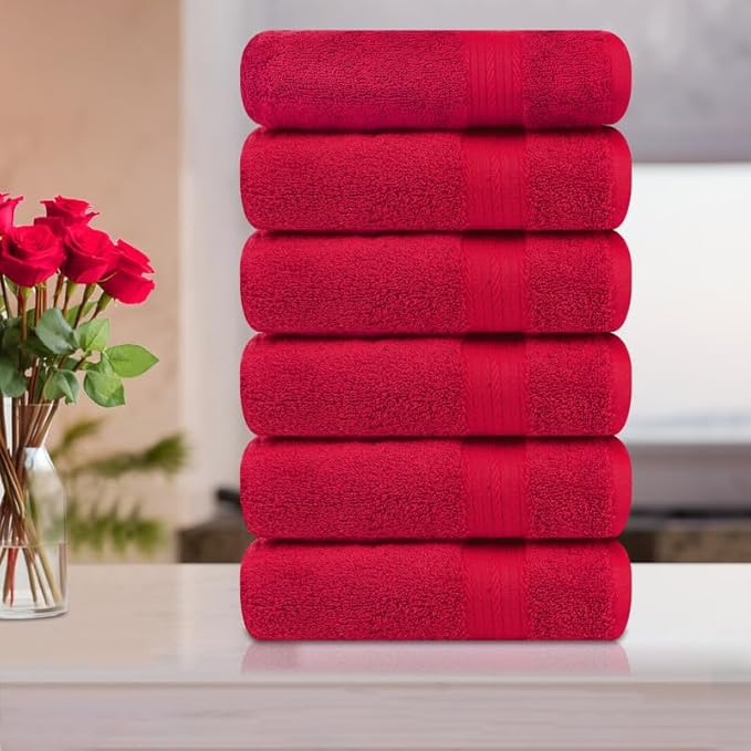 Ample Decor Hand Towels for Bathroom 18 X 28 Inch 600 GSM 100% Cotton, Soft Absorbent - 6 Pcs Christmas Red
