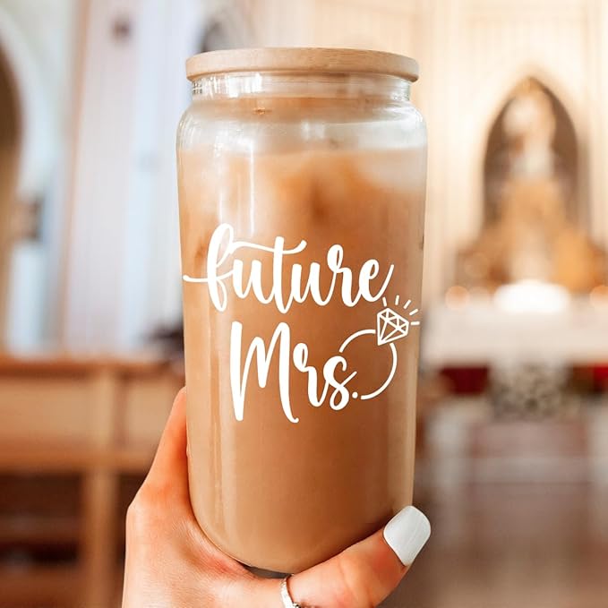 SANDJEST Future Mrs Glass Coffee Cup 16 Oz with Bamboo Lid and Straw - Bridal Shower Gift - Engagement & Bachelorette Gifts for Bride