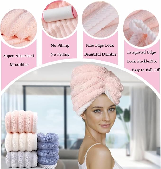 Microfiber Hair Towel Wrap for Women, 2Pack Super Absorbent Hair Turbans for Wet Hair,Curly Hair, Straight,Long.Anti Frizz Drying Towel.(Blue+Pink)