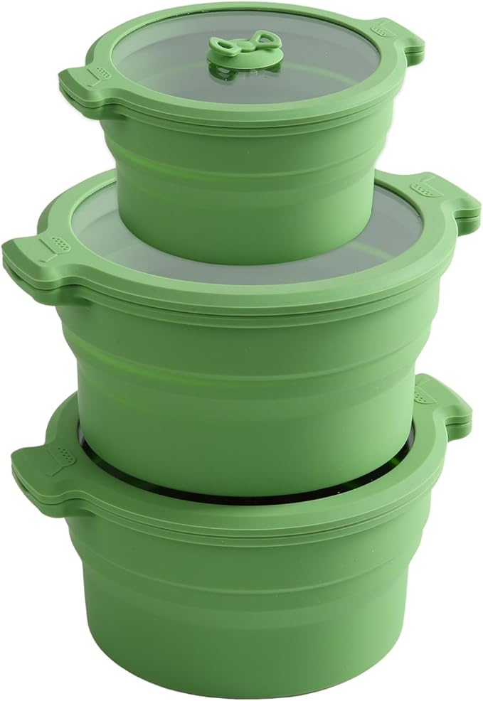 Collapsible Silicone Microwave Cookware Cooker Steamer for Cooking with Lids, 0.8L and 1.4L Glass Food Storage Container Sealed Bowl Mixing Bowls 3pc Set BPA Free