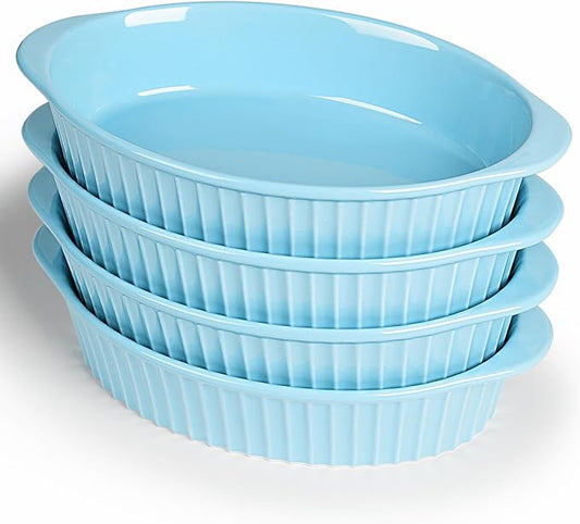 LEETOYI Porcelain Small Oval Au Gratin Pans,Set of 4 Baking Dish Set for 1 or 2 person servings, Bakeware with Double Handle for Kitchen and Home, Turquoise