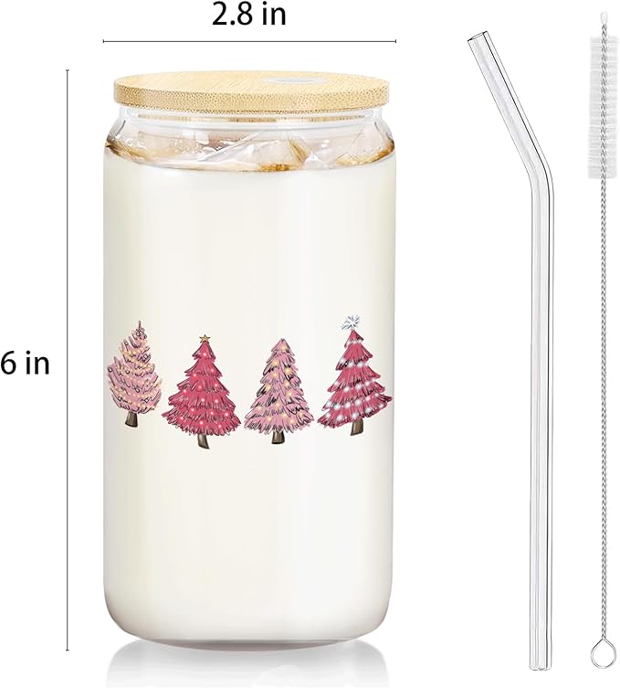 Pink Christmas Tree Decor Coffee Cup Glass With Lid And Straws 14oz,Xmas Tree Drinking Glasses Coffee Cups Water Bottles Gift For Women Kids Men
