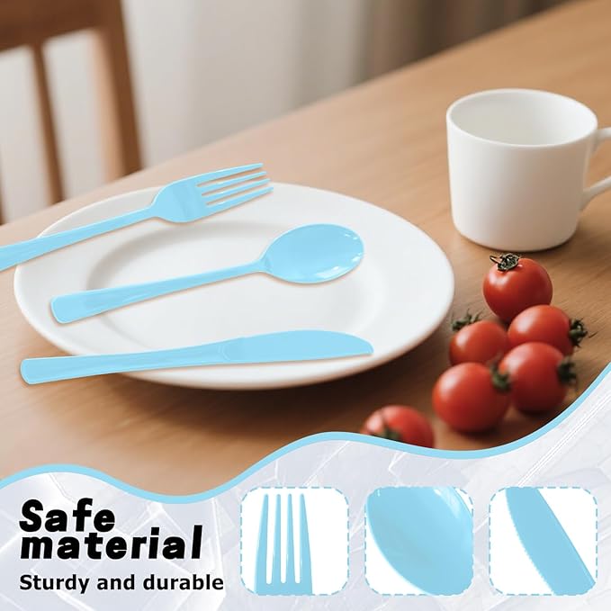 300 Pack Disposable Plastic Silverware, Heavy Duty Light Blue Plastic Cutlery Set Includes 100 Forks 100 Knives 100 Spoons for Birthday Wedding Party Picnics (300, Light Blue)