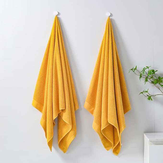 sense gnosis Yellow Bath Towels Set of 2 Striped Weave 100% Terry Cotton Towel Super Soft Highly Absorbent Bath Towel for Bathroom 27" X 55"