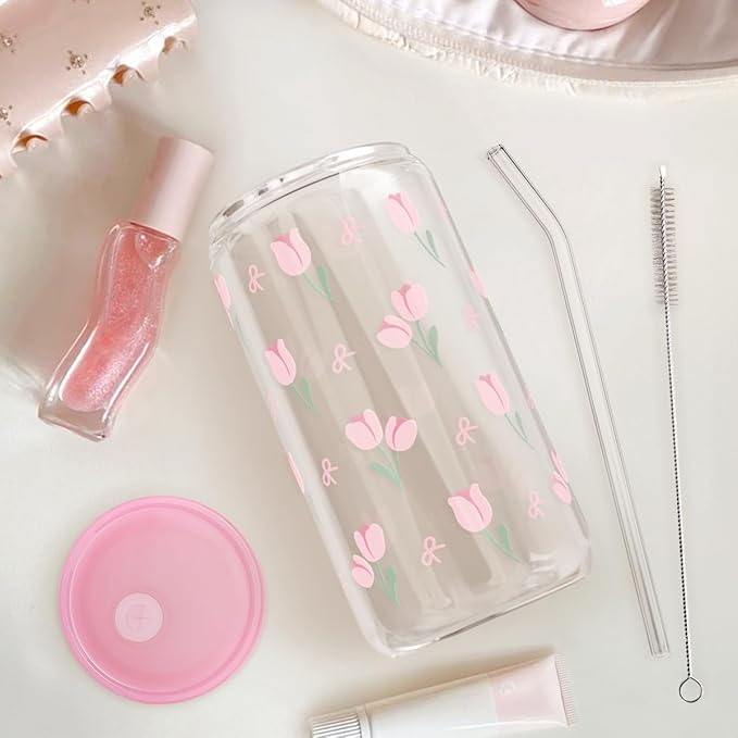 SANDJEST Floral Glass Can, Tulip Iced Coffee Aesthetic Cup, Gift for Christmas Birthday, Gifts for Women Girls, 16oz