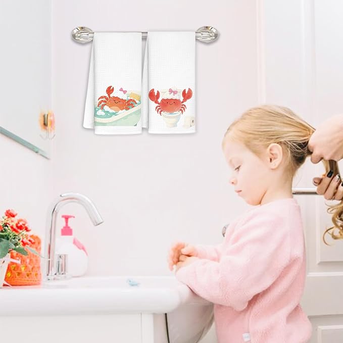 Crab Bathroom Hand Towels Set of 2, Kids Bathroom Decor, Coastal Beach Coquette Bow Crab Decorative Funny Hand Towels for Kids Bath Room Washroom Toilet, 16x24 Inch