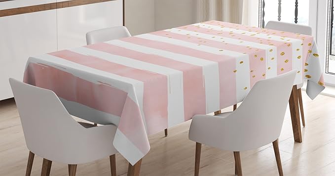 Ambesonne Modern Tablecloth, Watercolor Paint Horizontal Stripes and Dots Artistry Illustration, Rectangular Table Cover for Dining Room Kitchen Decor, 60" X 90", Pink Yellow