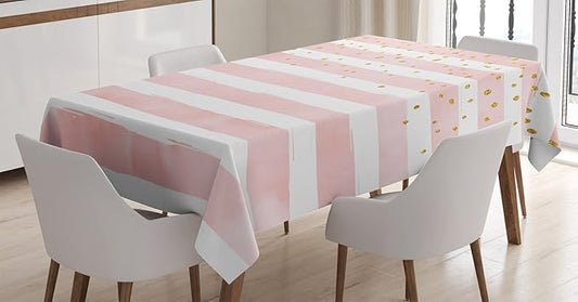 Ambesonne Modern Tablecloth, Watercolor Paint Horizontal Stripes and Dots Artistry Illustration, Rectangular Table Cover for Dining Room Kitchen Decor, 52" X 70", Pink Yellow