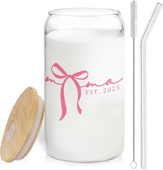 Mama Gifts Glass Cup with Lids and Straws 14oz, Best Mother's Day Birthday Gifts for Mama Mom from Daughters Sons Glass Iced Coffee Tumbler Drinking Jars with Cleaning Brush