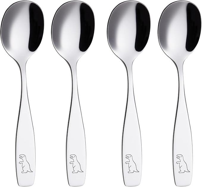 ANNOVA Kids Flatware Set - Stainless Steel Silverware Forks, Table Knife, Tablespoons - Child Toddler Utensils Dinosaur Engraved T-Rex, Triceratops, Diplodocus (Staineless Steel, 10 Pieces)