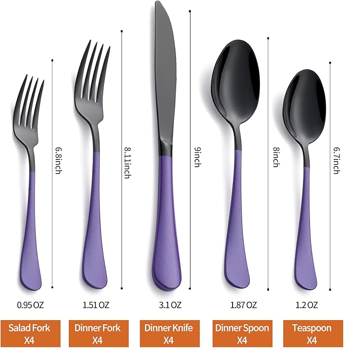 20 Piece Black and Purple 18/0 Flatware Utensil Set for 4, Include Dinner Knife,Dinner Forks,Dinner Spoons,Salad Forks,Teaspoons,Silverware Set for 4, Dishwasher Safe