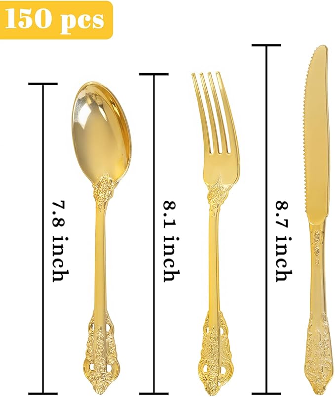 bUCLA HEAVYWEIGHT 150PCS Gold Plastic Silverware Disposable - Extra Heavy Duty Plastic Cutlery - Gold Disposable Utensils Set - Include 50 Knives, 50 Forks,50 Spoons for Party & Special Moments