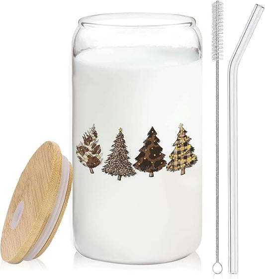 leopard Christmas Tree gifts Glass Coffee Cup With Lid And Straws 14oz - Merry Christmas Drinking Jar Gift For Women Kids Men,Glass Cup For leopard Xmas Decor