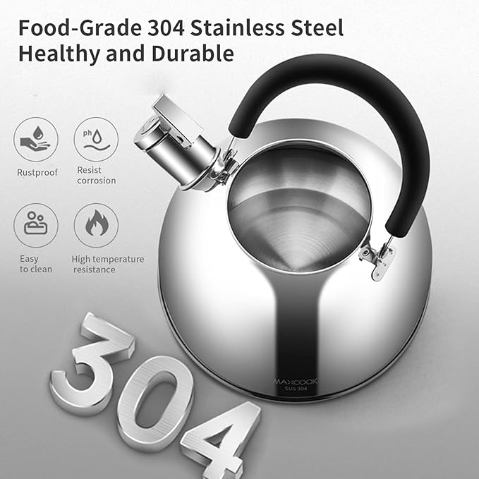 304 Stainless Steel Whistling Tea Kettle 2.1 Quart/2L, Suitable to Boiling Water & Tea on Induction Stove, Gas Stove Top