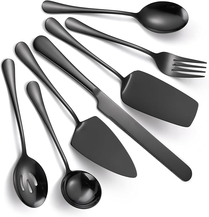A · HOUSEWAR Black Flatware Serving Set 7 Piece Stainless Steel Catering Utensils include Soup Ladle Large Slotted Spoon Big Server Fork12” Cake Knife Pizza Spatula Parties Buffet