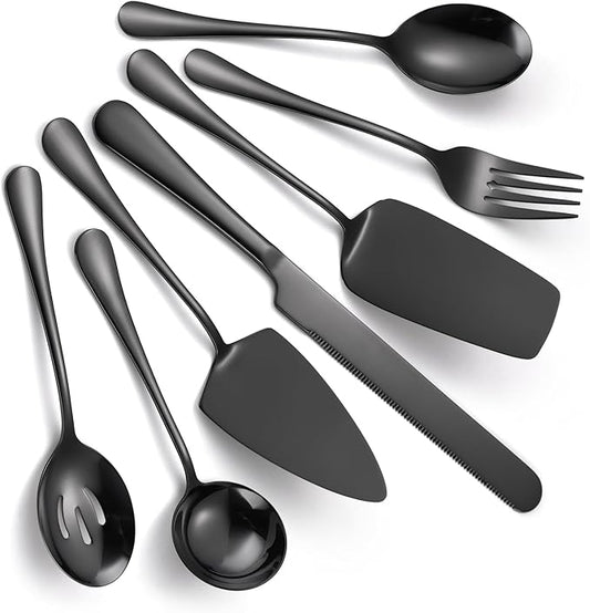 A · HOUSEWAR Black Flatware Serving Set 7 Piece Stainless Steel Catering Utensils include Soup Ladle Large Slotted Spoon Big Server Fork12” Cake Knife Pizza Spatula Parties Buffet