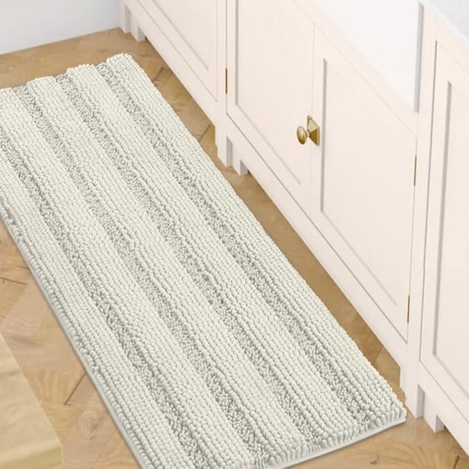 H.VERSAILTEX Bath Rugs for Bathroom Non Slip Bath Mats Extra Thick Chenille Striped Bath Rug Runners 47" x 17" Absorbent Fluffy Soft Shaggy Mats Dry Fast Plush Area Carpet for Bath Room - Cream