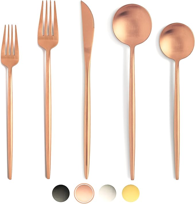 BirdyFly Matte Rose Gold Silverware Set, 20 Piece Stainless Steel Flatware Set Service for 4, Matte Rose Gold Cutlery Set, Include Knives/Forks/Spoons, Dishwasher Safe