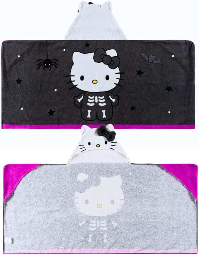 Sanrio Hello Kitty Skeleton Halloween Kids Super Soft Bath/Pool/Beach Soft Cotton Terry Hooded Towel Wrap, 24 in x 50 in, (Officially Licensed Product) by Franco