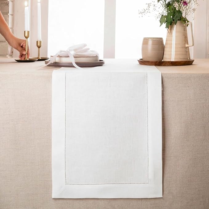 D'Moksha Homes Linen White Table Runner 90 Inches Long - Classic Hemstitch 100% Pure Linen White Dining Table Runner 14 x 90 Inch for Winter, Christmas, Holiday, New Year