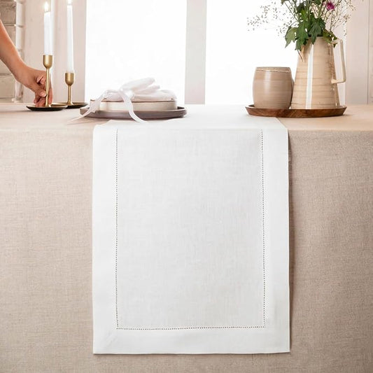 D'Moksha Homes Linen White Table Runner 144 Inches Long - 100% Pure Linen Extra Long Table Runner 14 x 144 Inch for Winter, Holiday, New Year - Classic Hemstitch