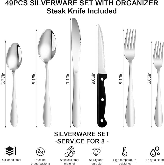 49Pcs Silverware Set with Organizer, Silver Stainless Steel Flatware Set for 8 Cutlery Utensil Sets with Steak Knives, Spoons and Forks Set, Dishwasher Safe