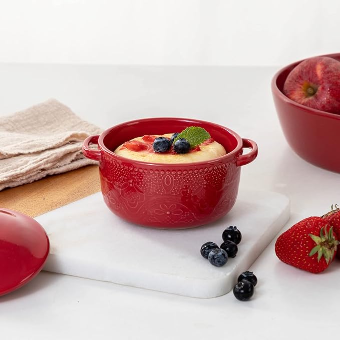 Mini Cocotte Set, 10 OZ Small Casserole Dishes with Lids, Ceramic Kitchen Casserole Sets With Handles, French Onion Soup Bowls, Soup Crocks for French Onion, Desserts, Beef Stew, Cereal, Pot Pies, Set of 4 (Red)
